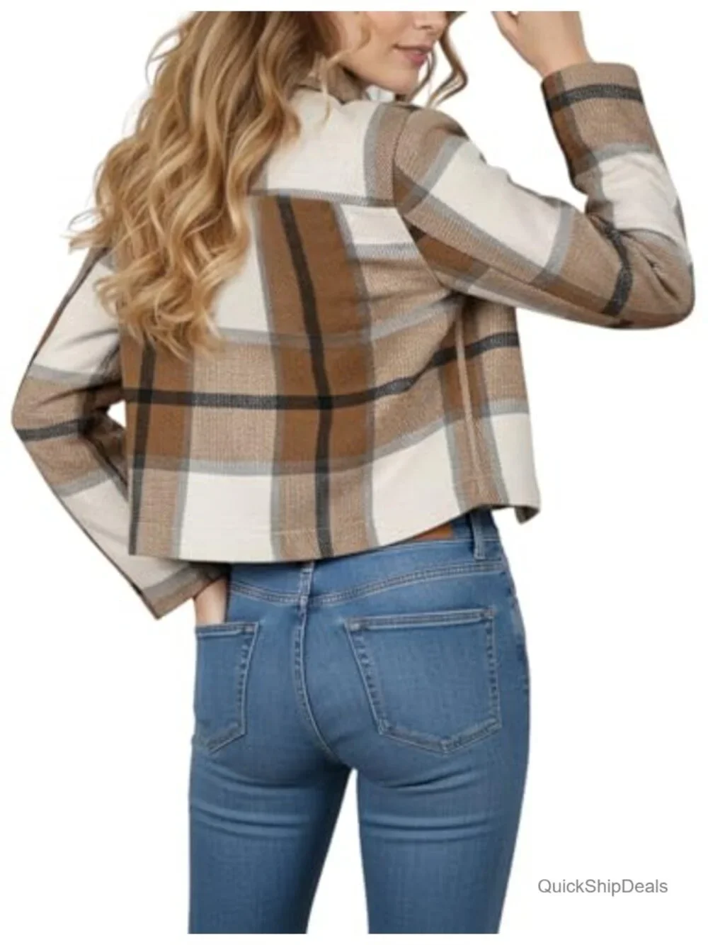 Cropped Plaid Flannel Shacket Casual Button Down Jacket Fall Winter